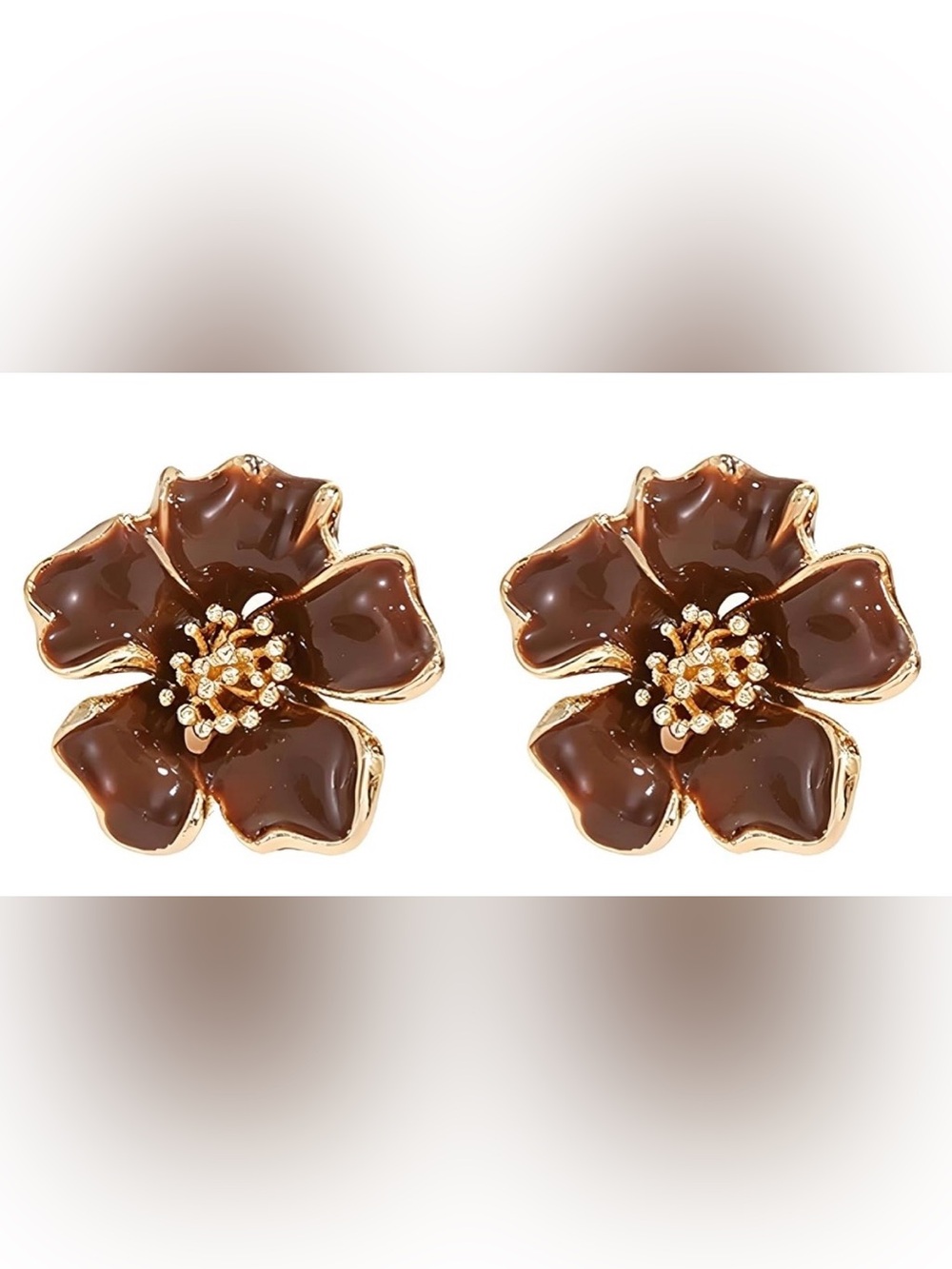 Anthropologie Brown Enamel Flower Stud Earrings with Gold Tone Trim